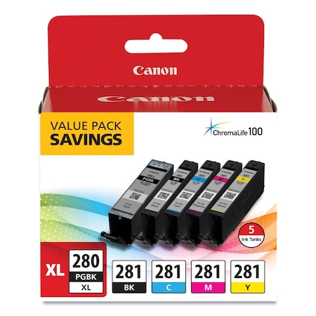 Canon CLI-281/PGI-280 XL ChromaLife100+ Ink, Black XL/Black/Cy/Mag/Yel, PK5 2021C007
